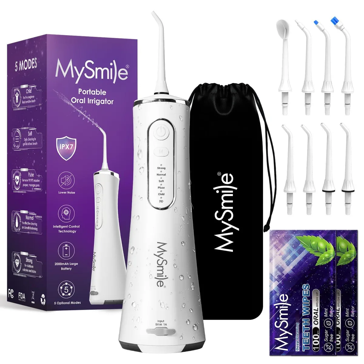 White cordless water flosser with 260ml tank and removable tip