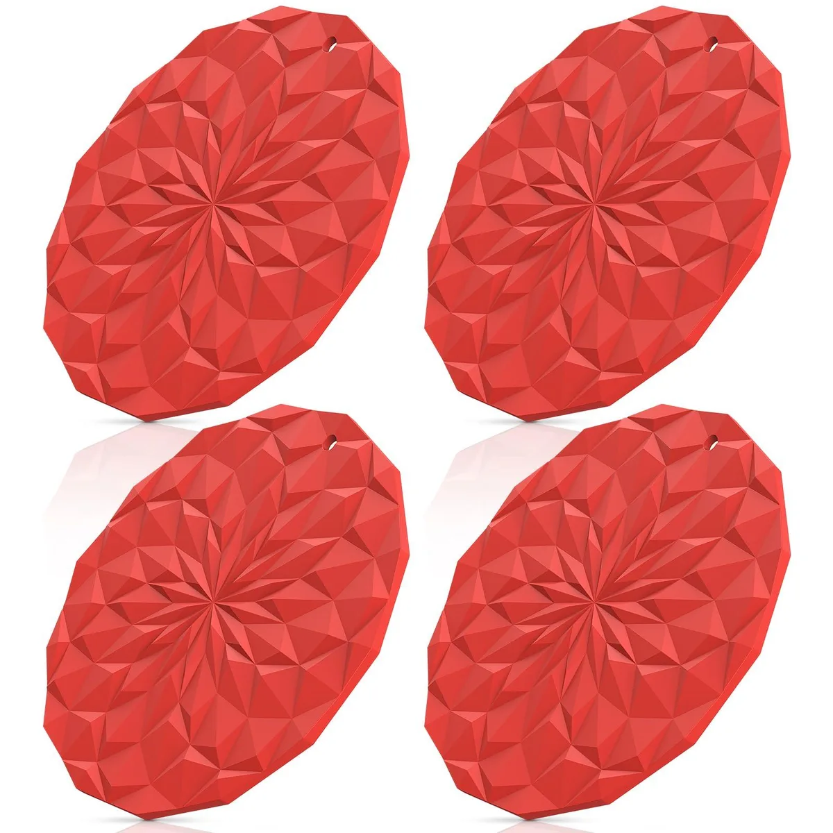 Four red silicone trivet mats with diamond texture and hanging holes