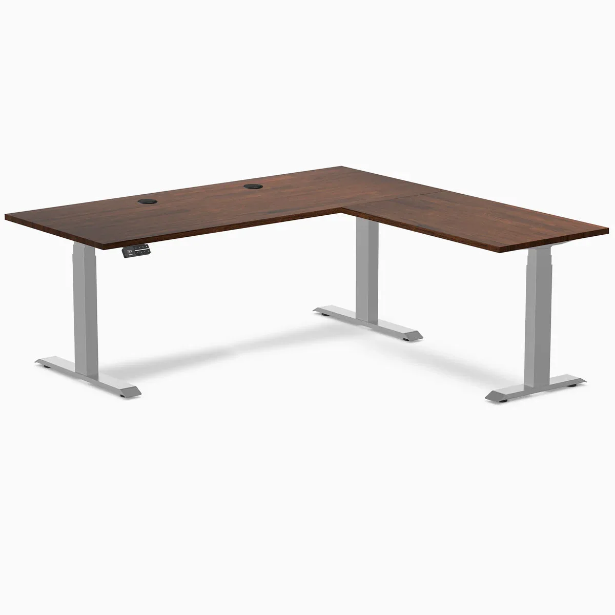 Desky Desky Rubberwood L-Shape Sit Stand Desk Red Walnut Grey 72 x 30 x 70 x 24 in with Grommets — product photo