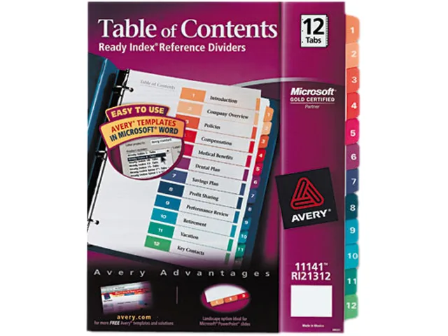 Avery 11141 multicolor 12-tab card filing dividers with reinforced table of contents page