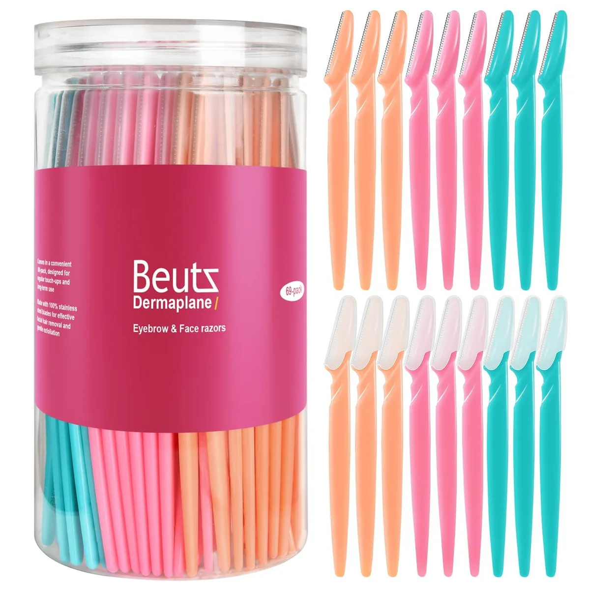 Pink, blue and orange eyebrow razors in a storage case, 69 pieces