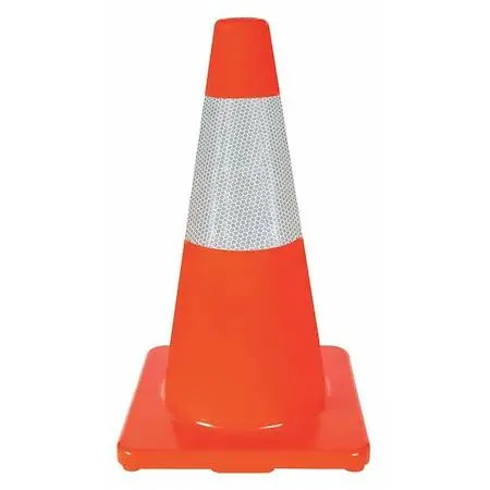 Orange PVC traffic cone 18 inches tall with reflective collars