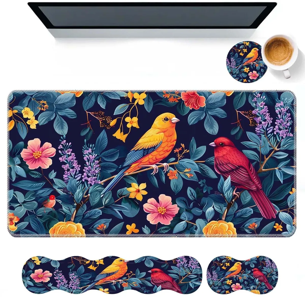Alphacool 2 in 1 Accessory Set Flower Bird: large desk pad with keyboard wrist rest, mouse wrist support and coaster