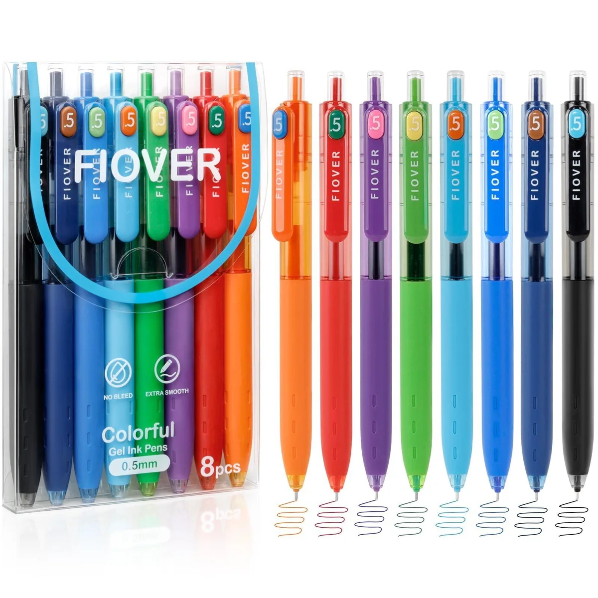 Eight retractable gel pens in assorted colours, fine 0.5 mm tips, plastic barrels