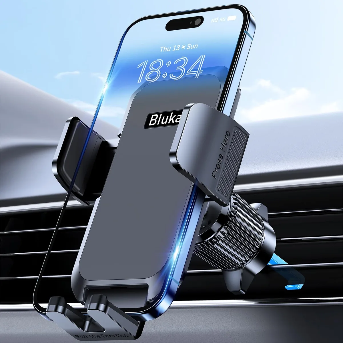 Black triangular vent phone mount with metal hook and adjustable arms