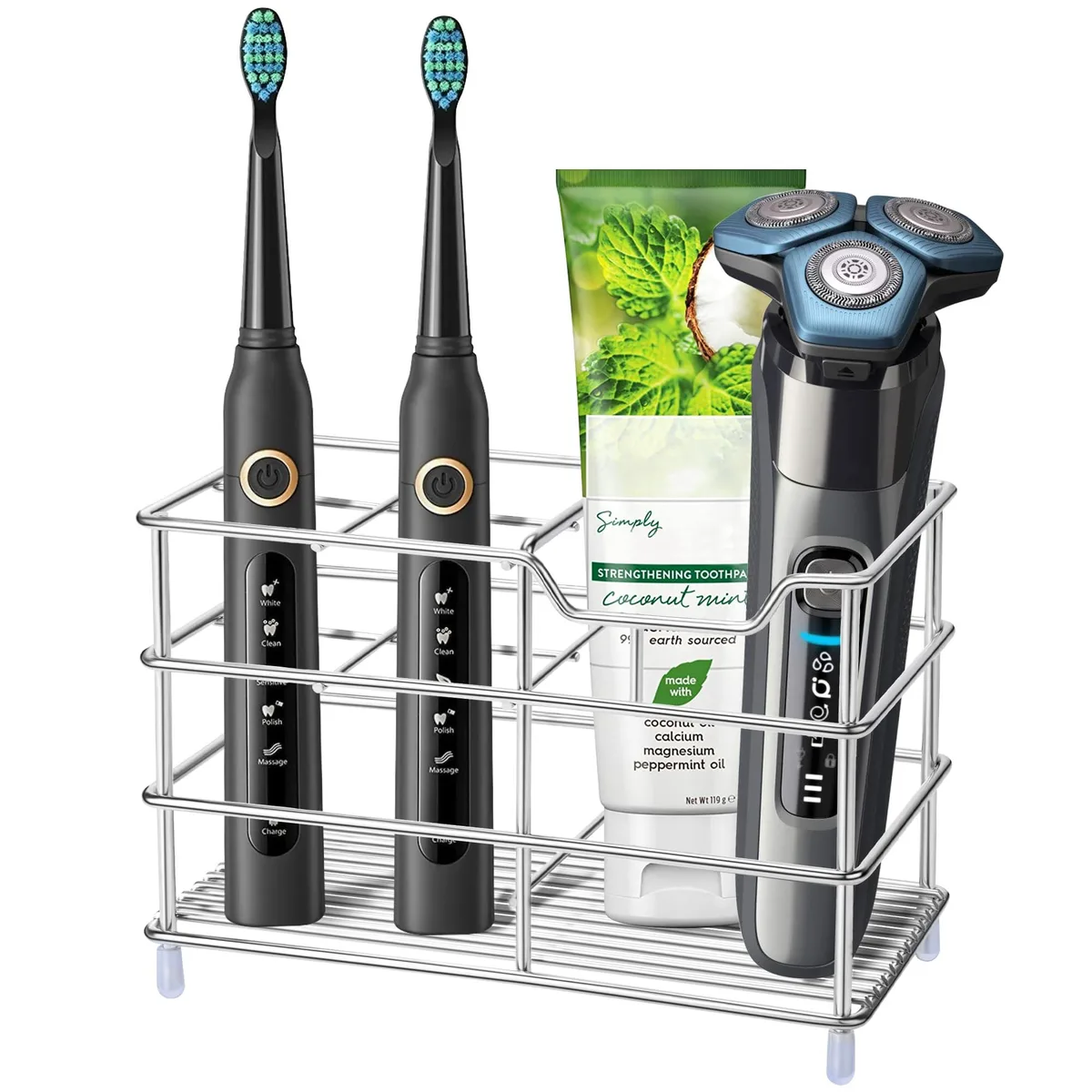 Silver lacquered stainless steel toothbrush organiser with four brush slots and a toothpaste slot