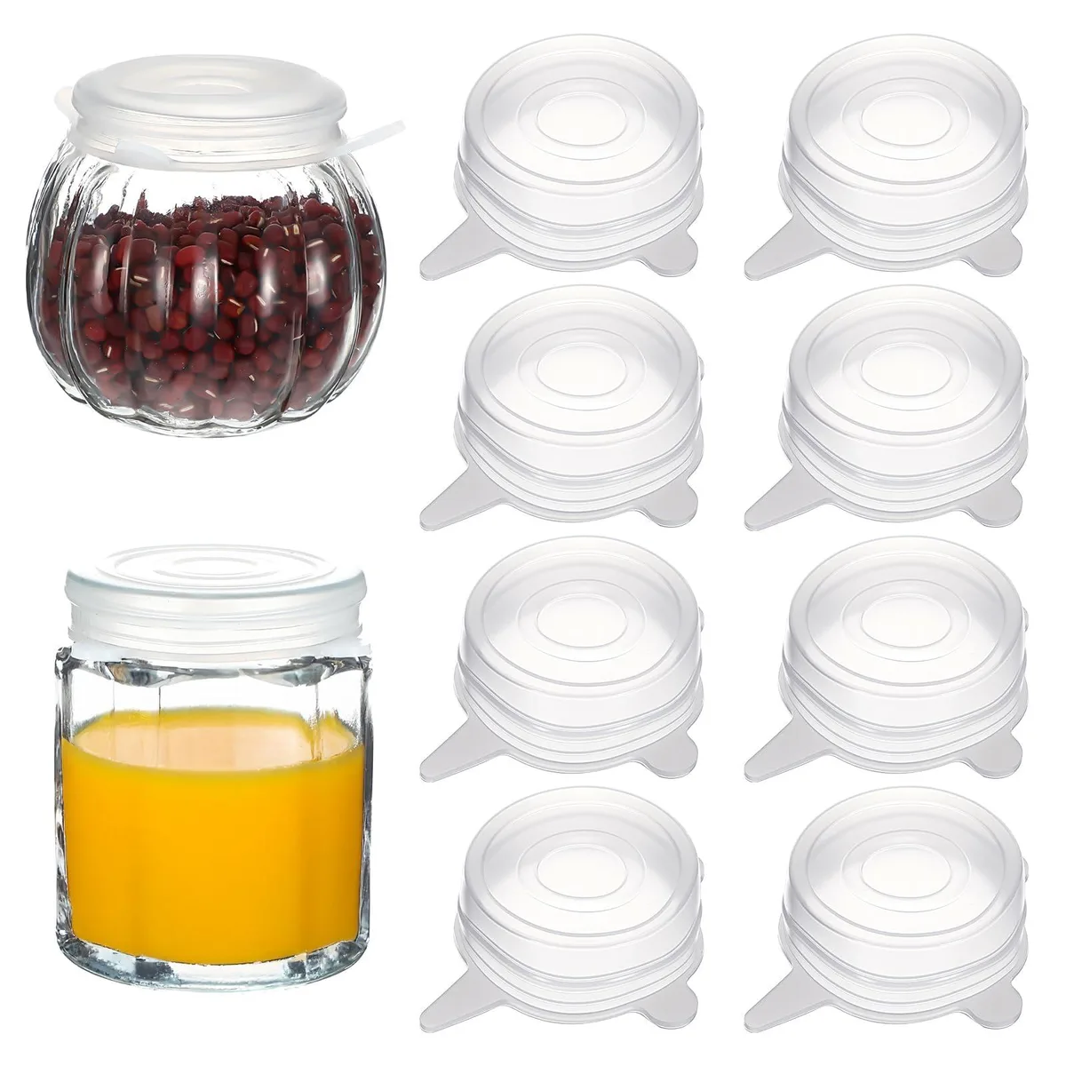 Eight clear silicone stretch lids, 5 cm diameter, stacked together