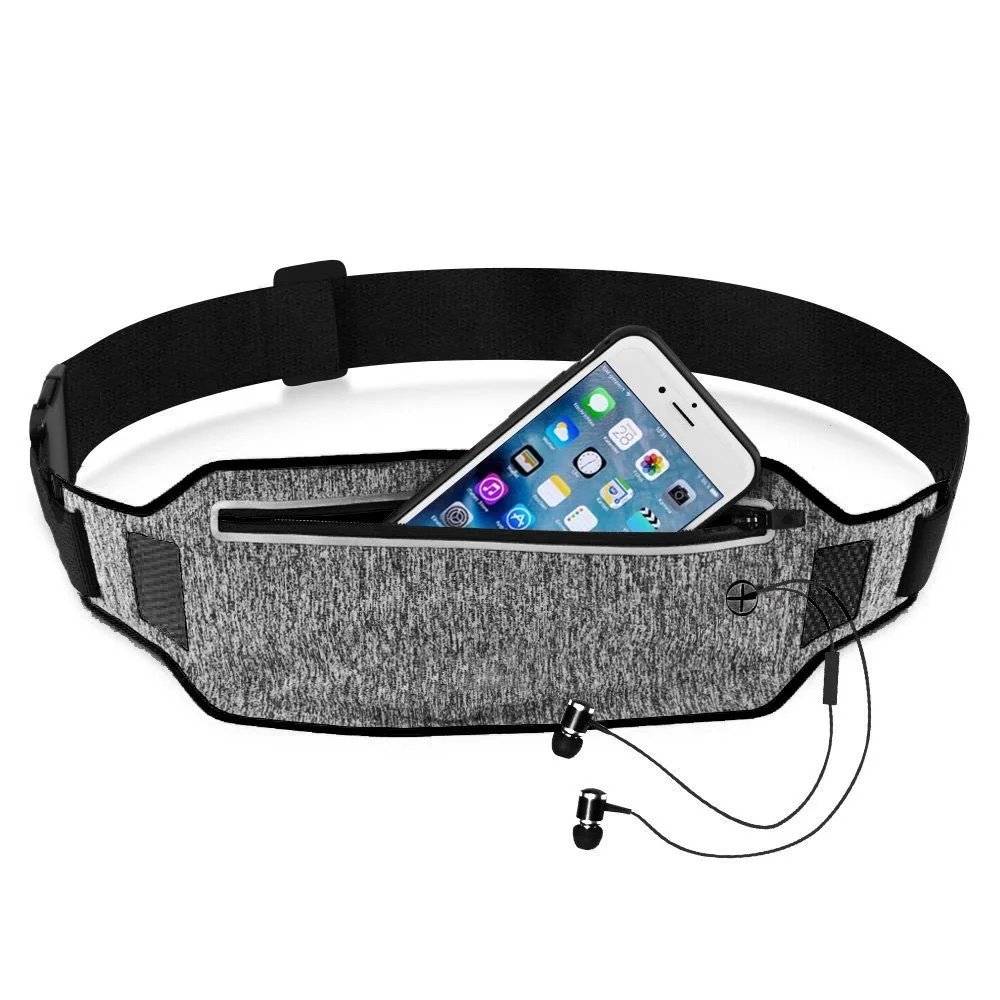 Black running waist pack with adjustable elastic strap, water-resistant finish, reflective trim and earphone port