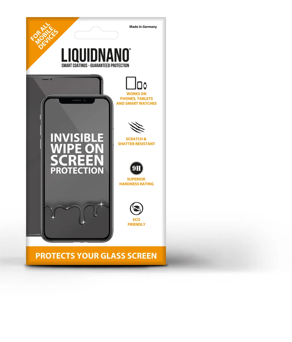 Small rectangular retail box with LiquidNano branding and screen protector graphics