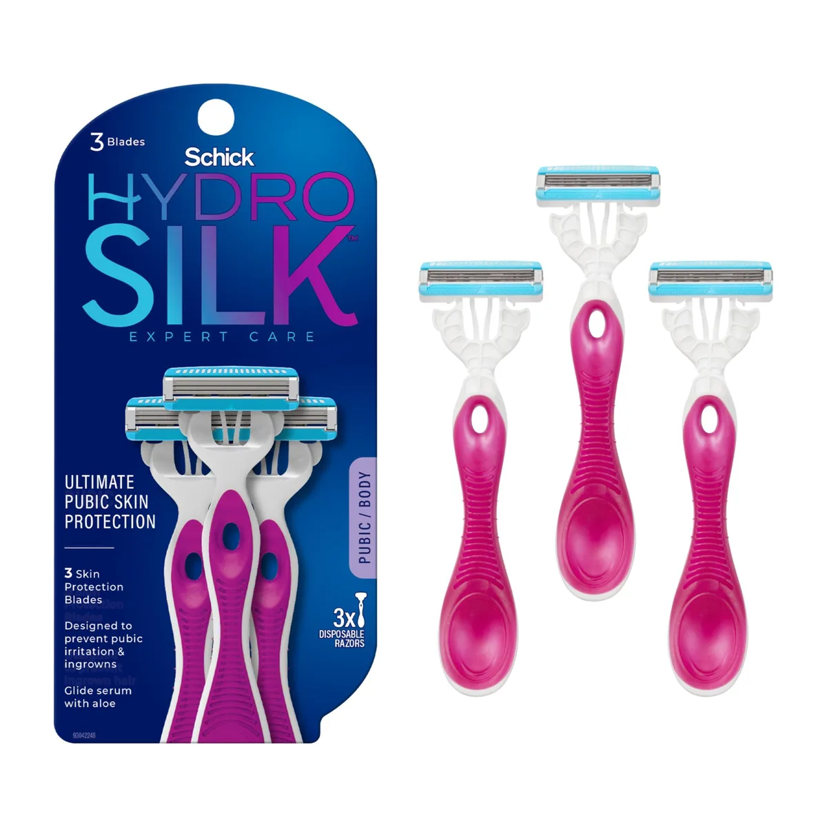 Three multicolour disposable razors with curved textured handles and pivoting heads in a box