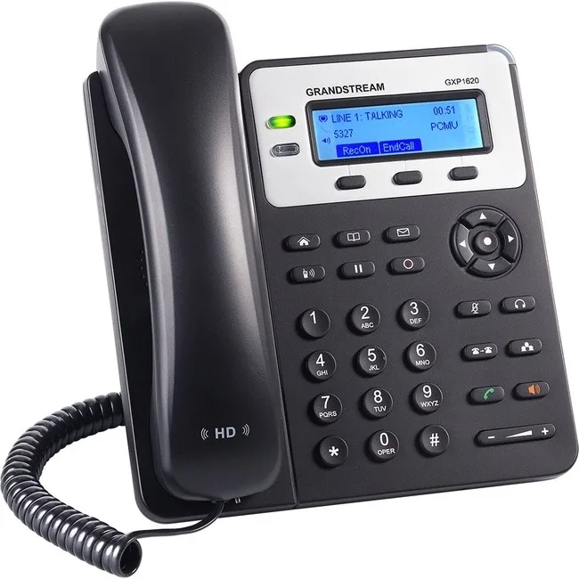 Black desk VoIP phone with handset and screen