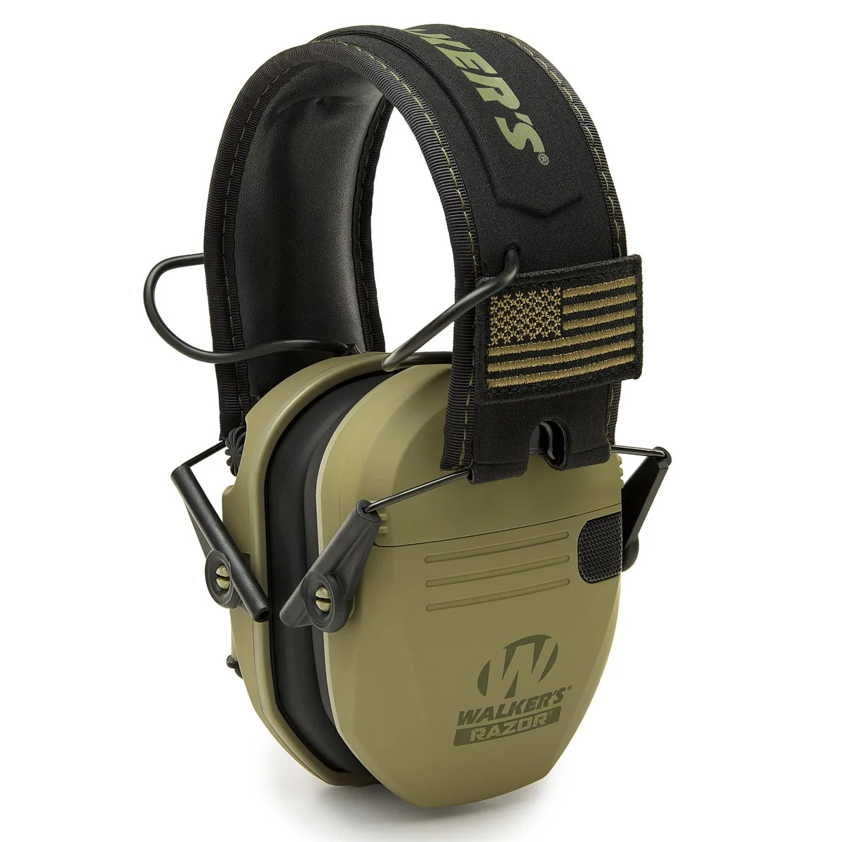 Olive drab green electronic earmuffs with slim cups and padded headband