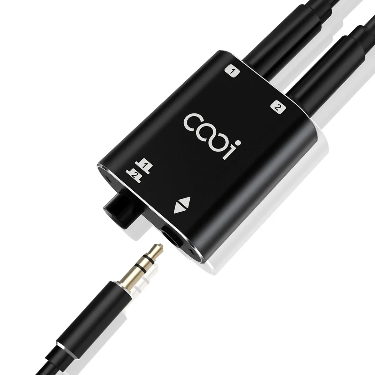 Small metal box with two 3.5 mm jacks and a button, plus a 1 m cable