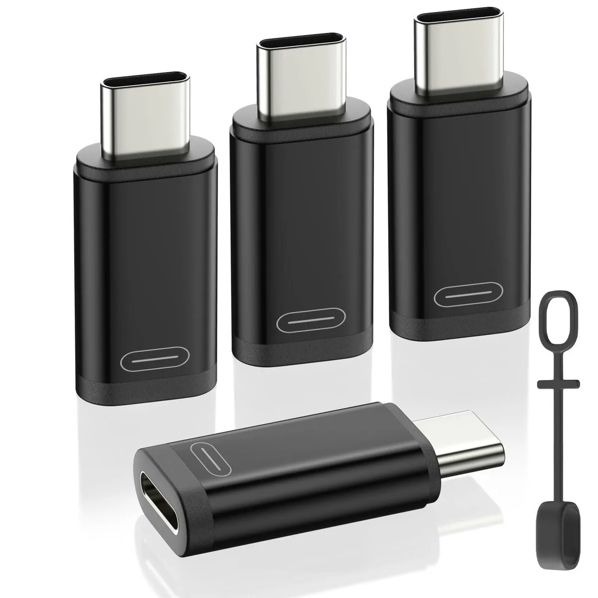 Four black Lightning to USB-C adapters with anti-lost loops