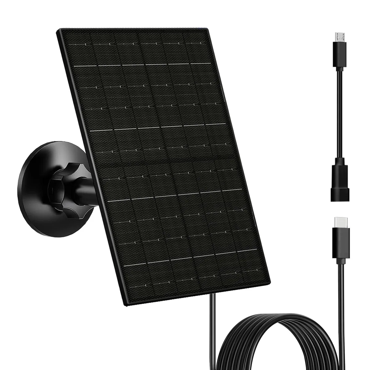 Black rectangular solar panel with adjustable wall mount and 7.2ft cable