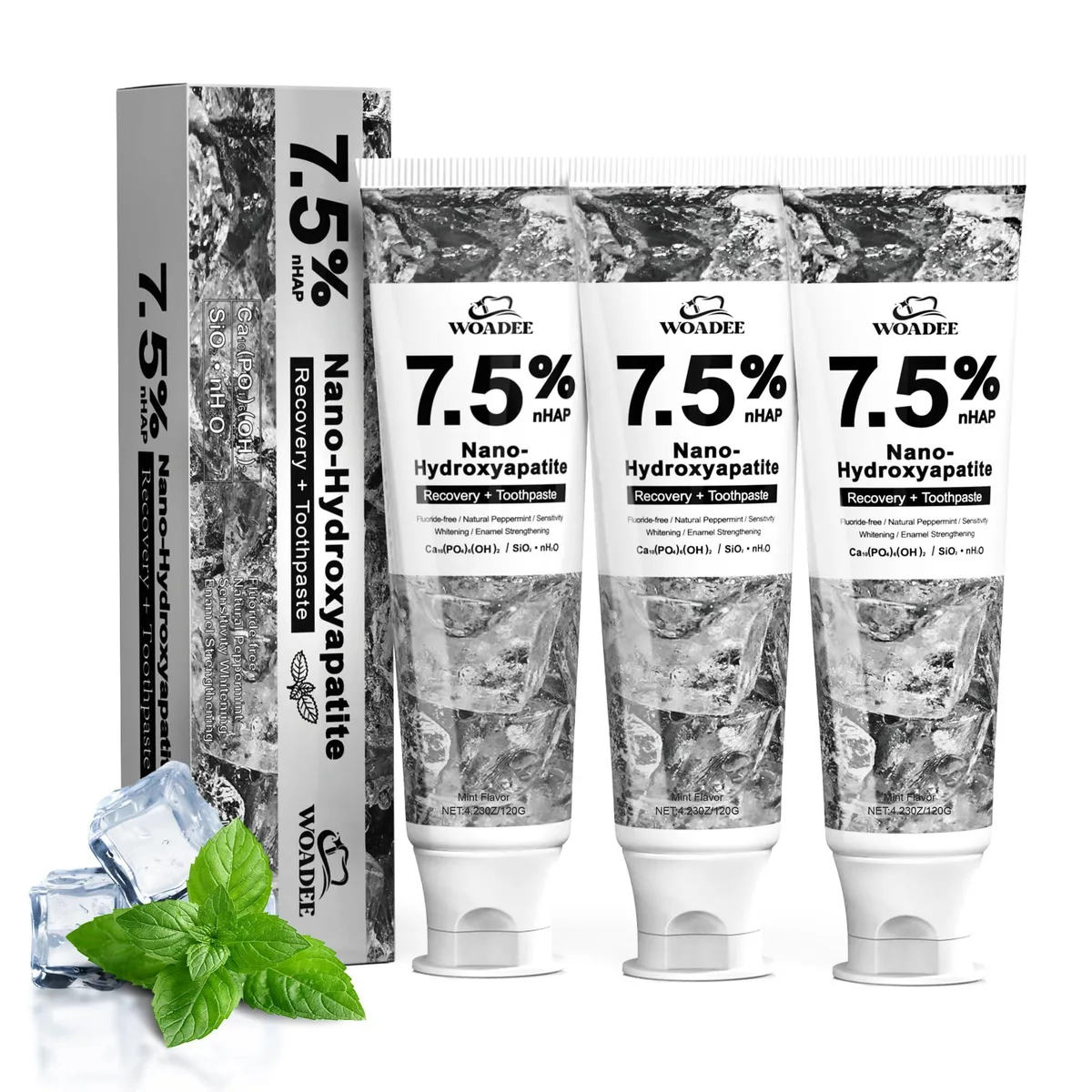 Three gray toothpaste tubes in rectangular carton, 6.8 by 1.7 by 1.5 inches