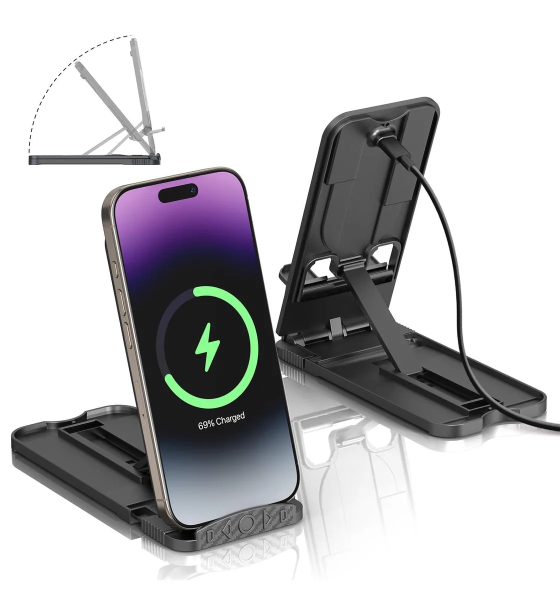 Two slim foldable wireless chargers in dark finish, each with adjustable stand angles