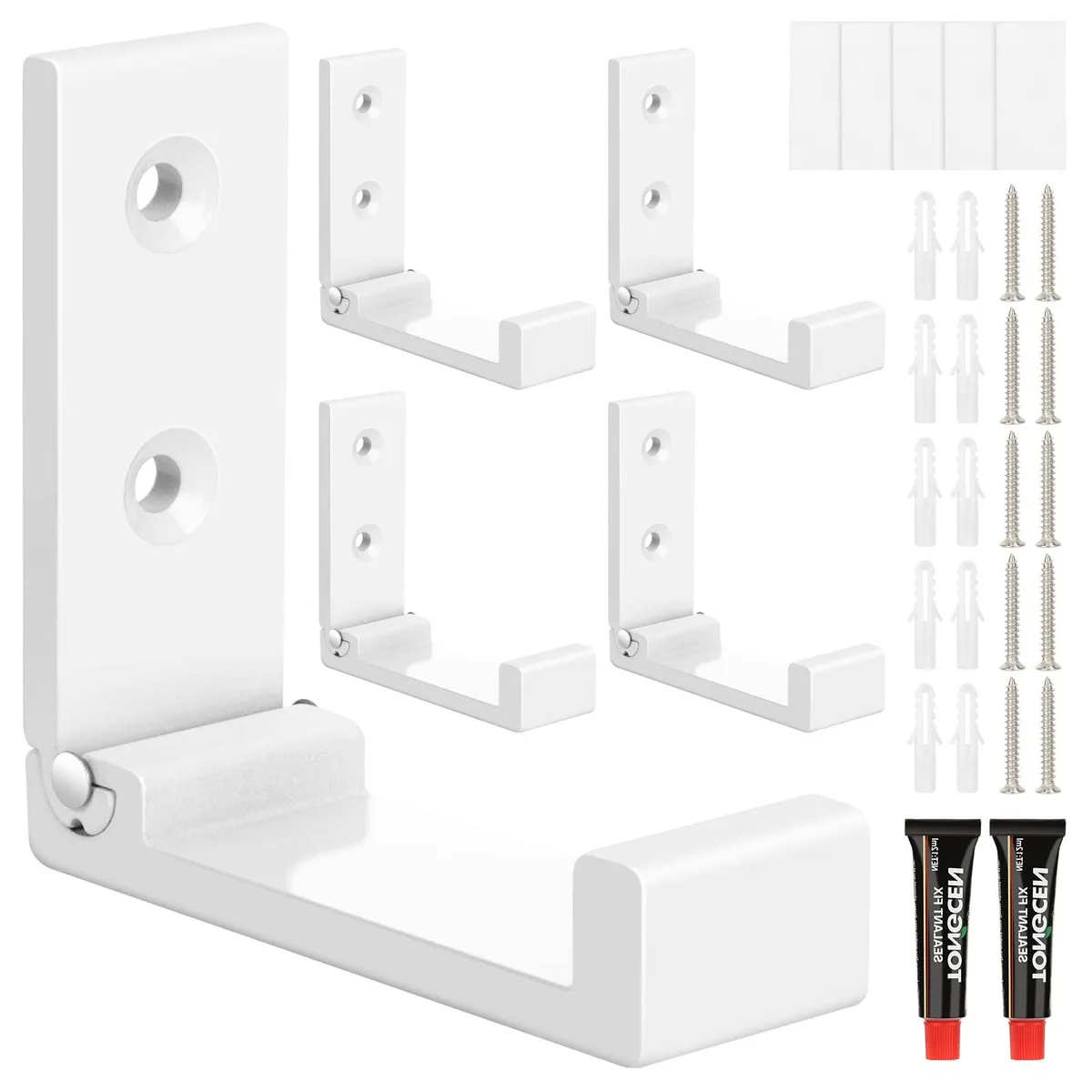 Five white aluminium folding wall hooks, each 2.8 by 2.8 inches with a .63 inch profile, shown folded flat against a wall surface