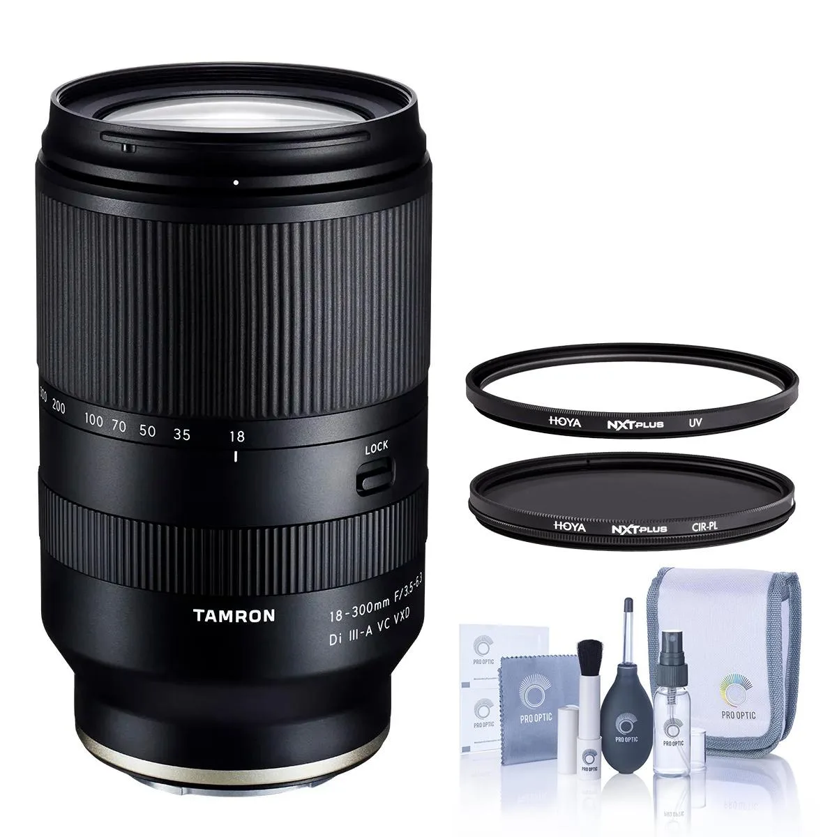 Tamron Tamron 18-300mm f/3.5-6.3 Di III-A VC VXD Sony E lens bundle with 67mm UV CPL filters cleaning kit — product photo