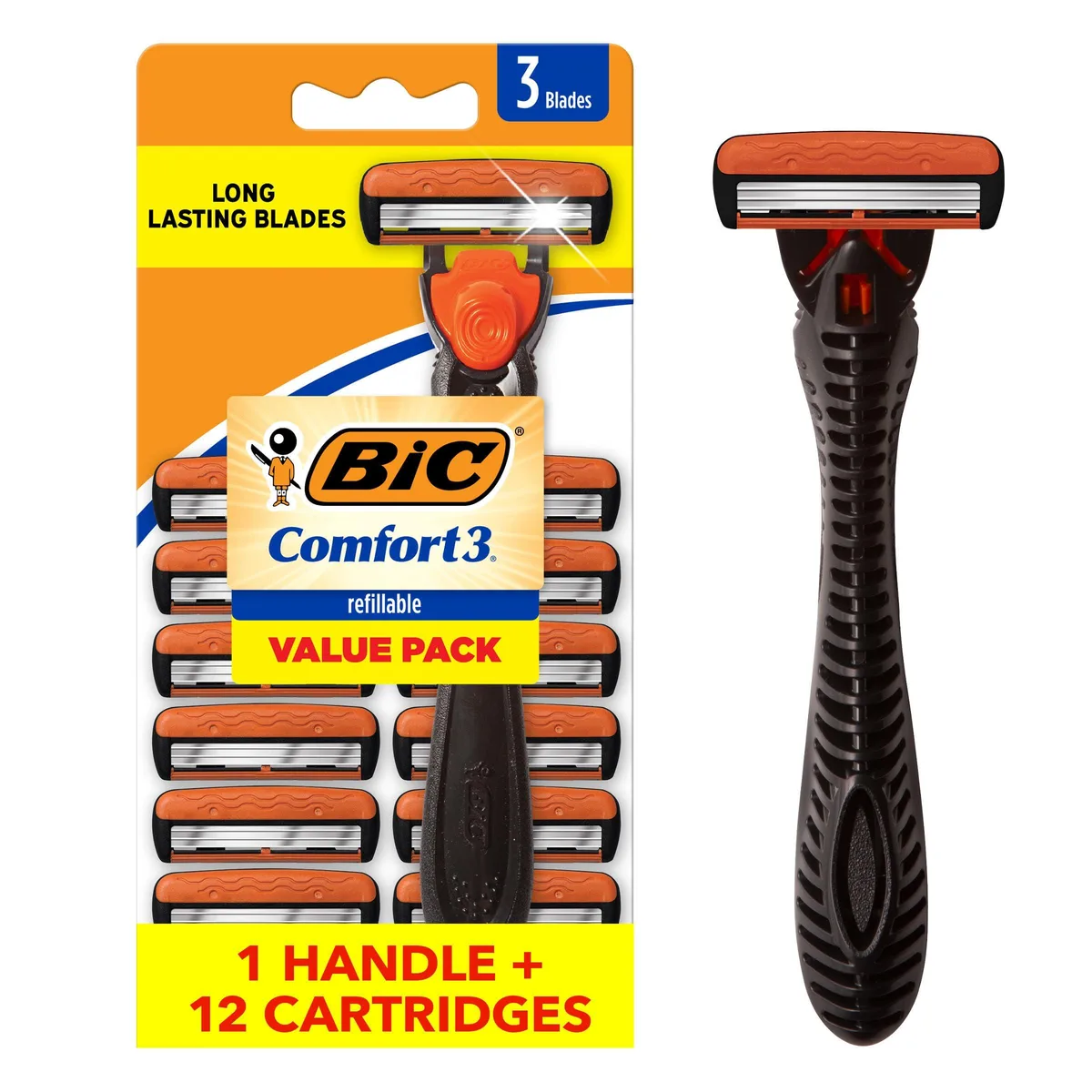 White plastic razor handle with twelve cartridge refills in clear packaging