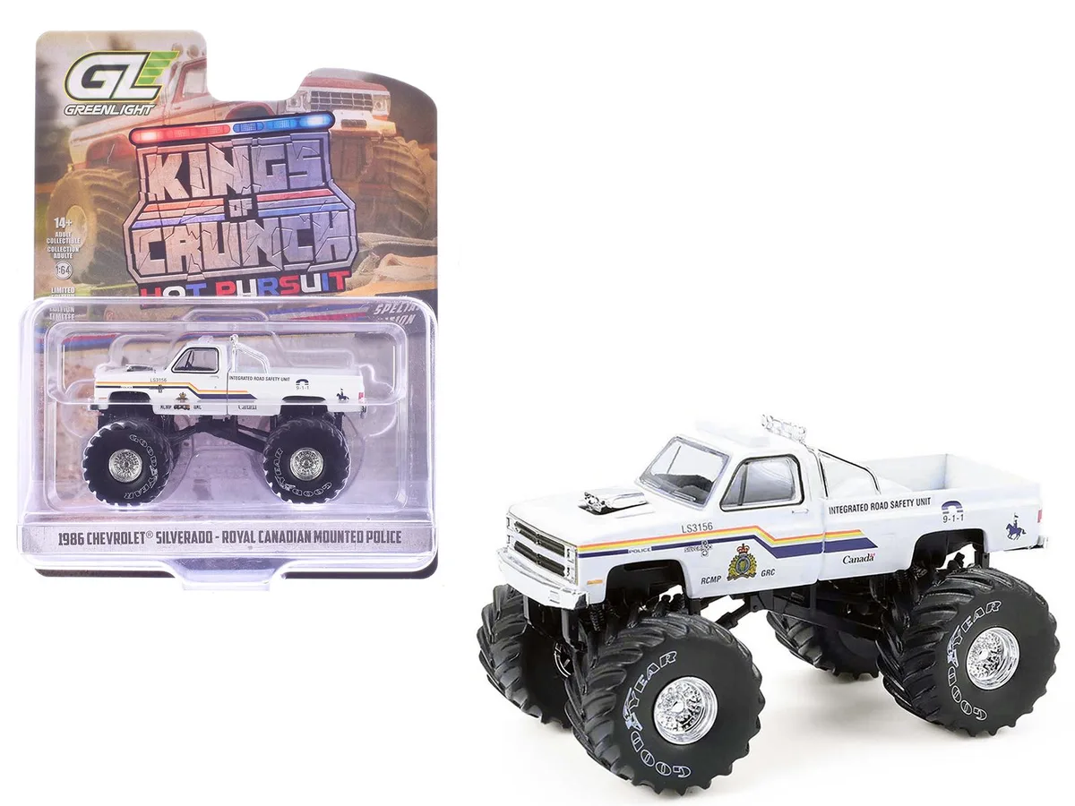 GREENLIGHT GREENLIGHT 1986 Chevrolet Silverado Monster Truck RCMP White w/Stripes 1/64 Scale Diecast Hobby Collectible — product photo
