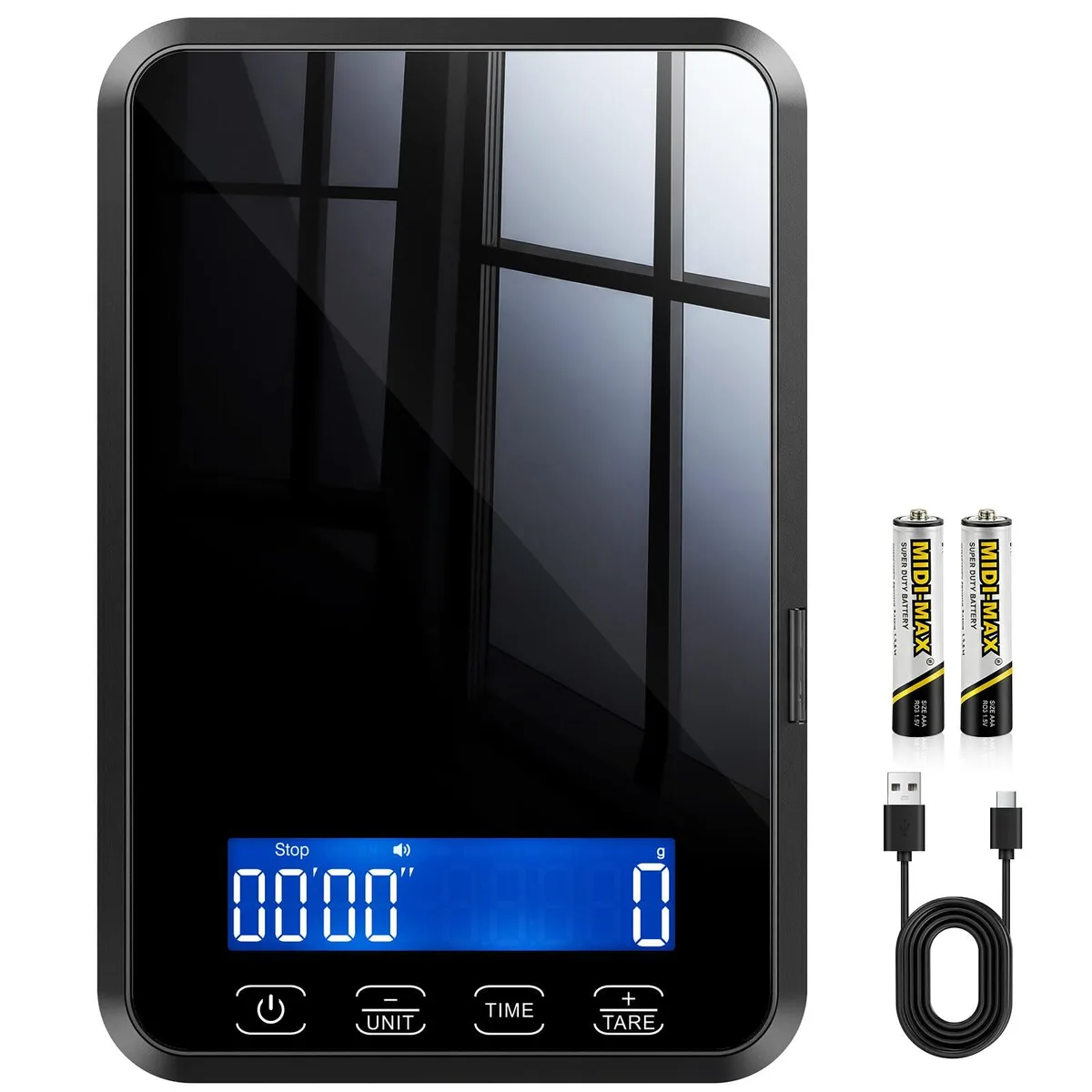 Yellow digital kitchen scale with glass platform and backlit display