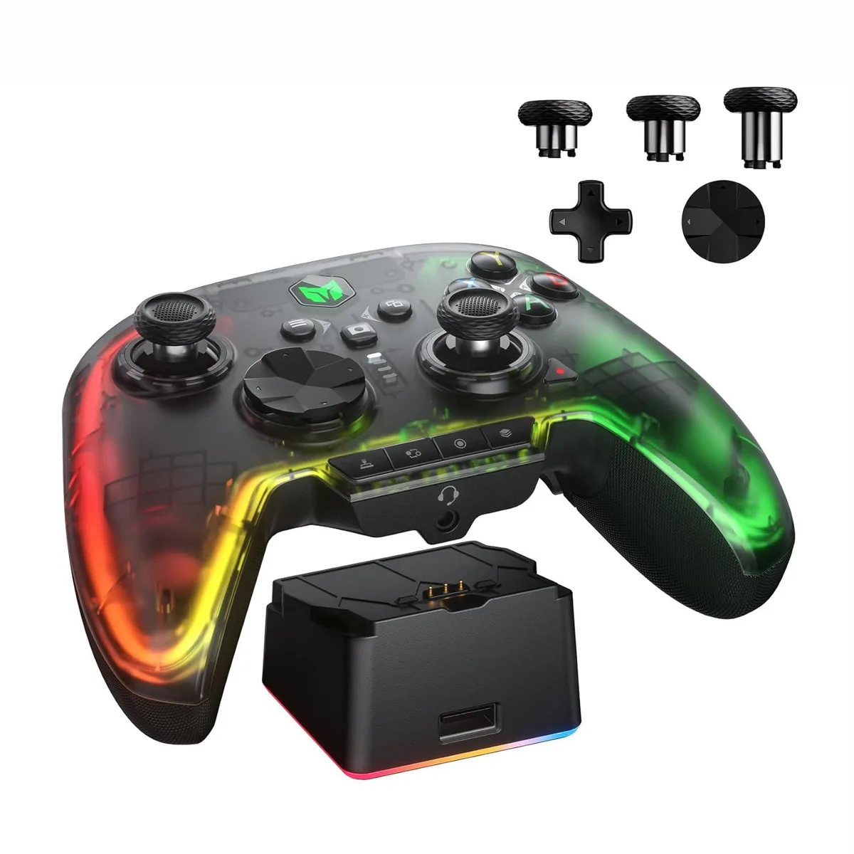 Wireless gamepad with charging dock, RGB lighting, hall triggers, ALPS joysticks, 3.5mm audio jack