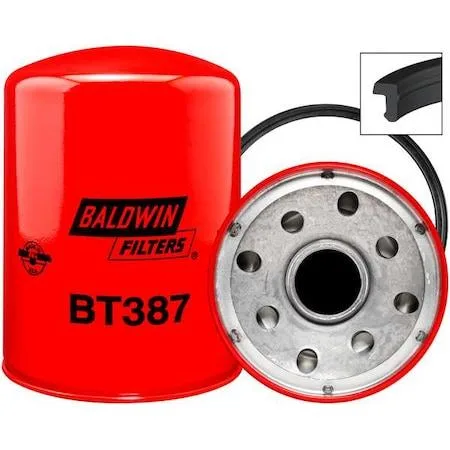 Baldwin Filters BT387 hydraulic spin-on filter, silver metal canister with threaded base and black gasket, 7 inches tall