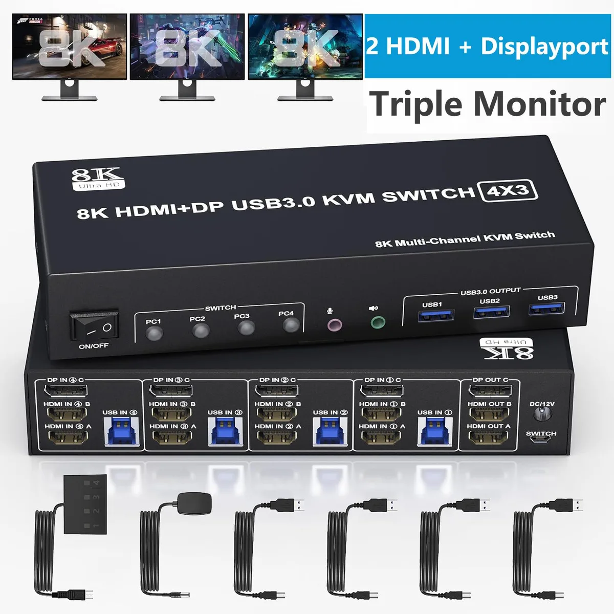 AUTYUE AUTYUE 4-Port Triple Monitor KVM Switch 2 HDMI + 1 DP 8K@60Hz 4K@144Hz — product photo