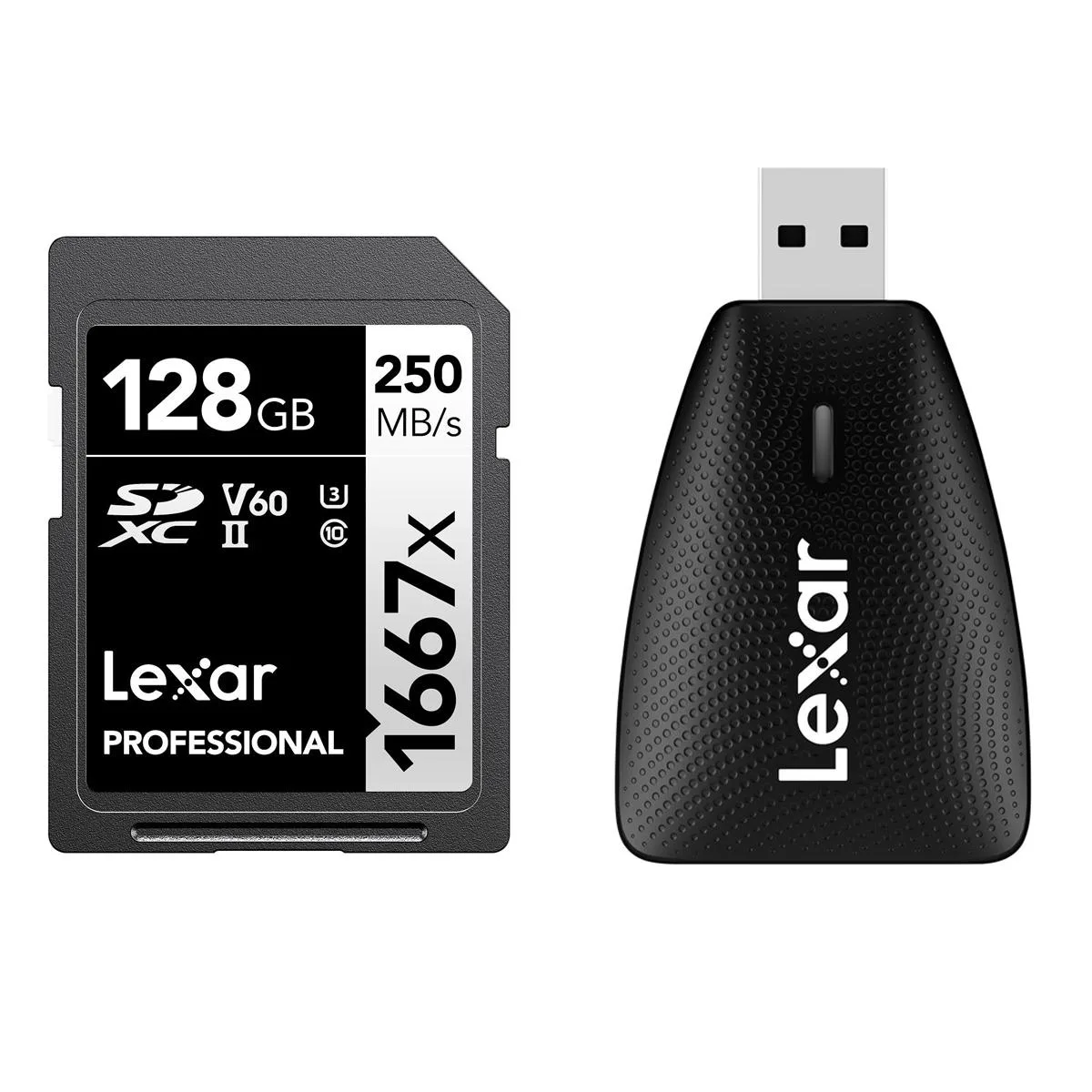 Lexar Lexar SILVER Series Professional 1667x 128GB UHS-II SDXC memory card with USB 3.1 reader — product photo