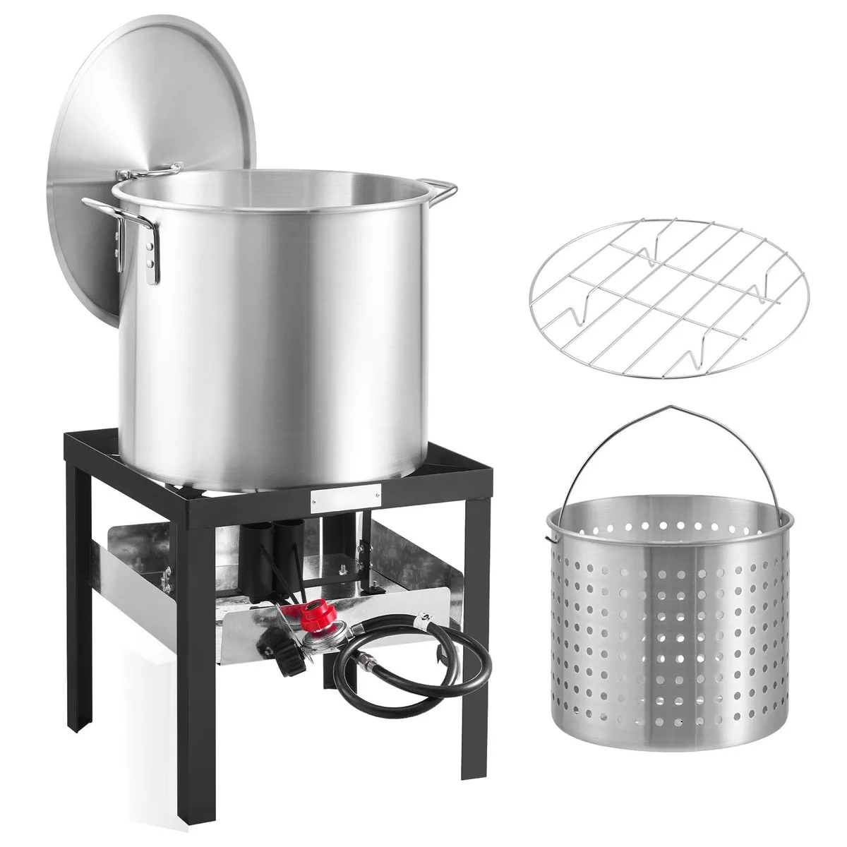 Large aluminum stockpot with propane burner, strainer basket and steaming rack on metal frame