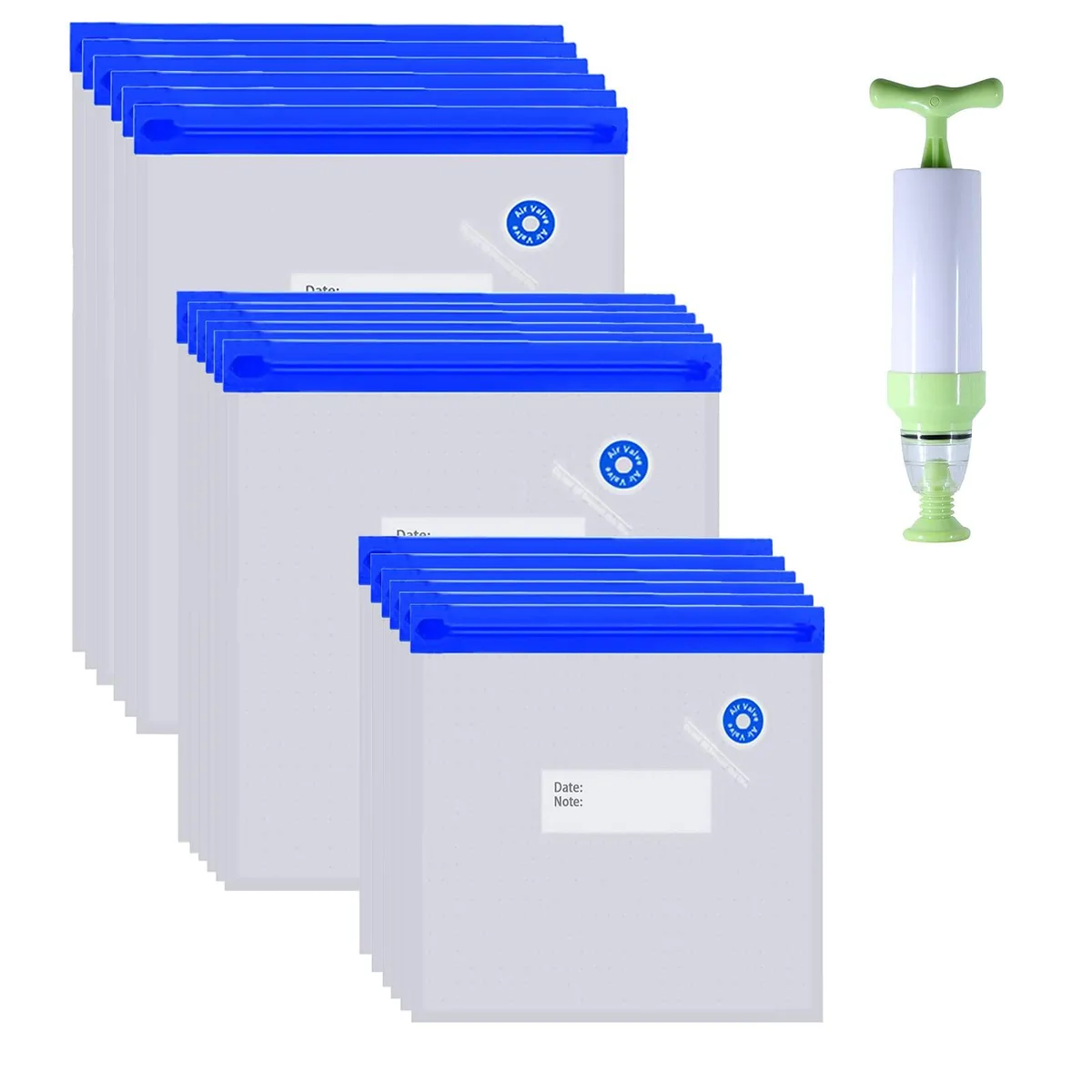 Clear boxed kit with assorted transparent vacuum bags, hand pump and sealing clips