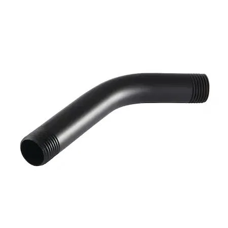 Matte black shower arm, six inch brass body with flange visible