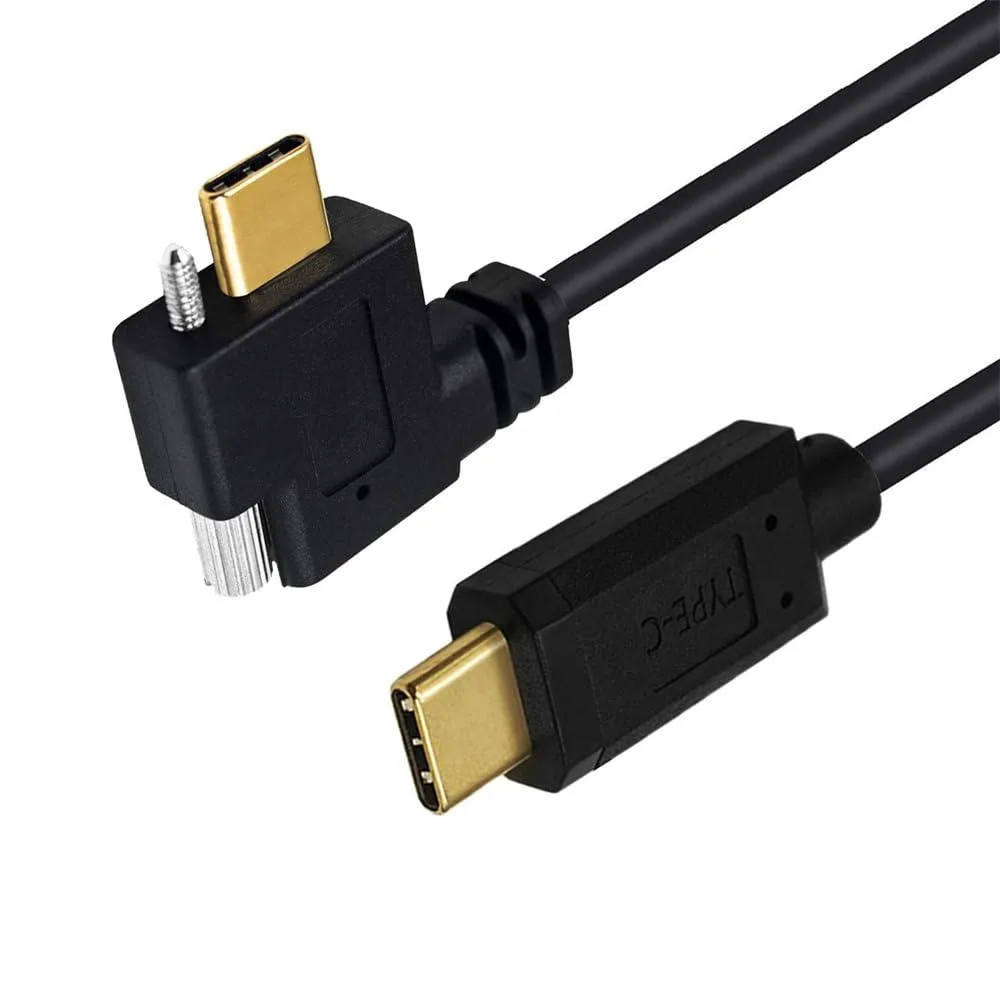 Black USB-C cable with angled locking connectors and thumbscrew, one metre
