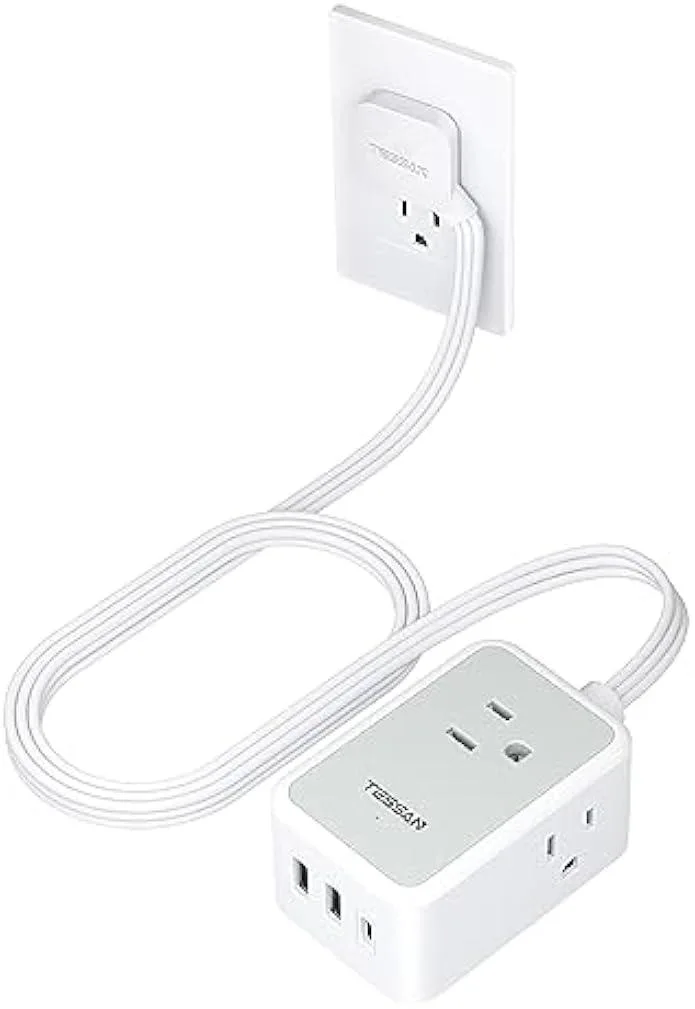 White cube power strip with three AC outlets two USB-A and one USB-C flat plug five foot cord