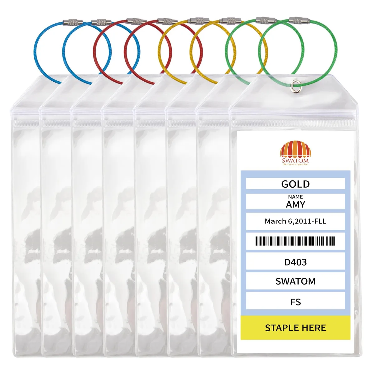 Eight clear PVC luggage tags with steel wire loops, 7.3 by 3.5 inches