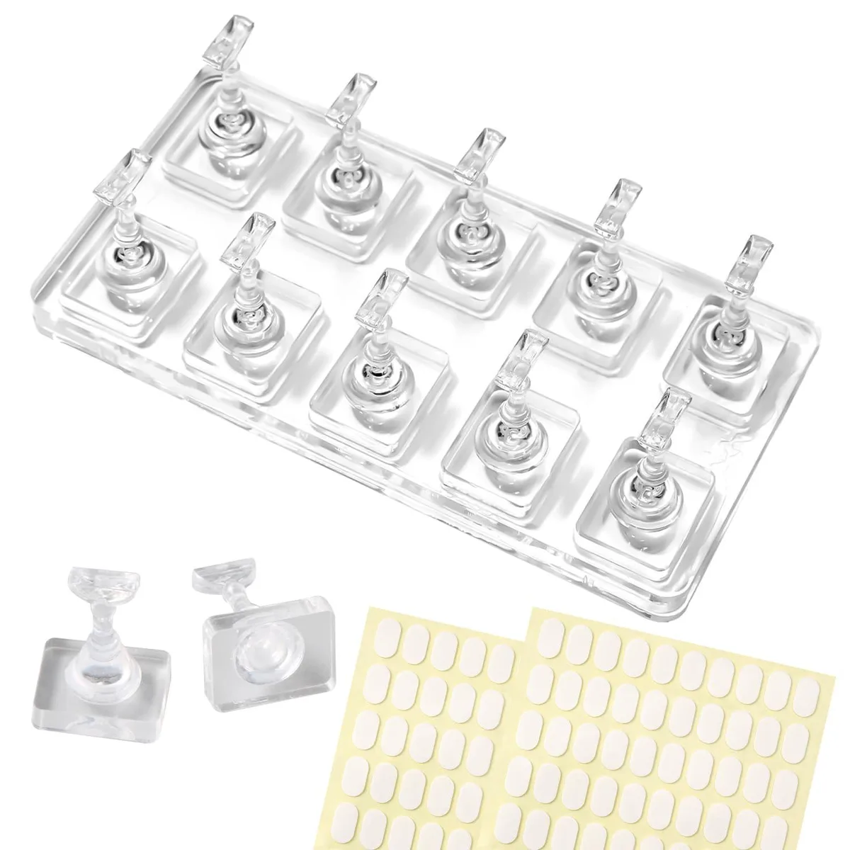 Clear acrylic base with ten nail tip holders and adhesive tabs