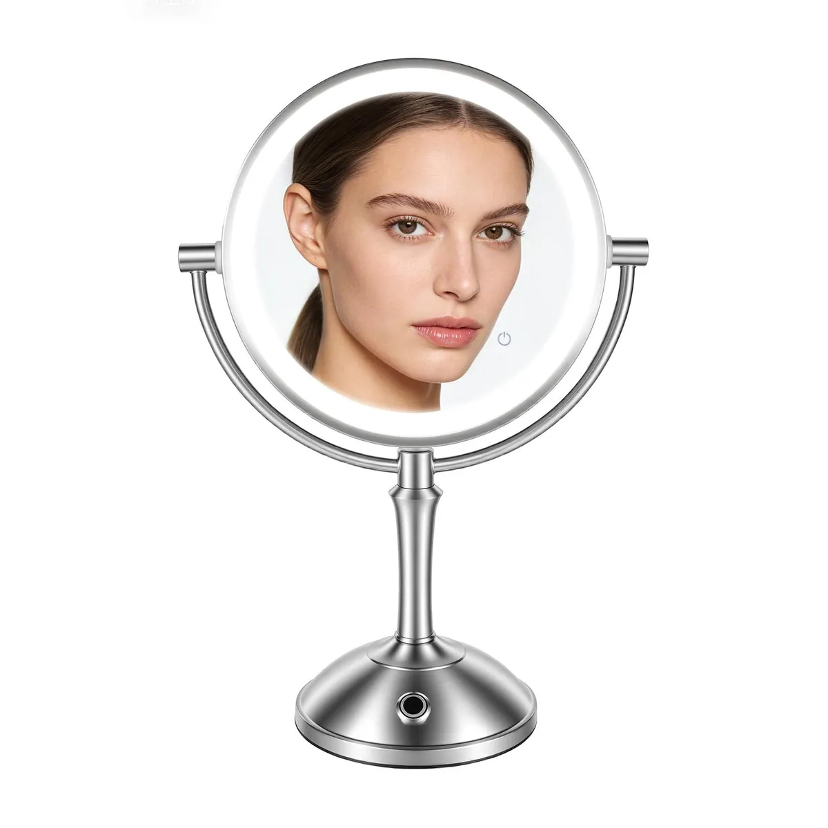 Round nickel-finish tabletop mirror with LED ring and 10x magnifying side