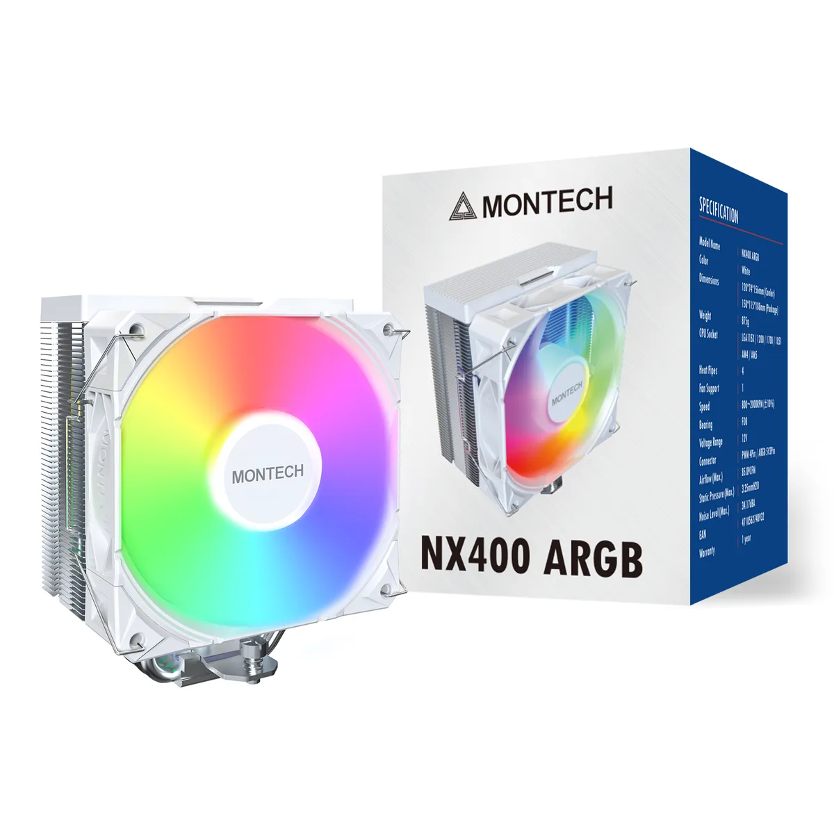 White single-tower CPU cooler with 52-fin heat sink, 120mm 28mm-thick ARGB fan, polished top cover