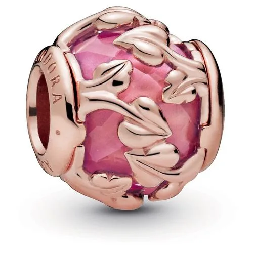 Pink round Pandora Rose charm with leaf pattern and encased synthetic sapphire, sterling silver