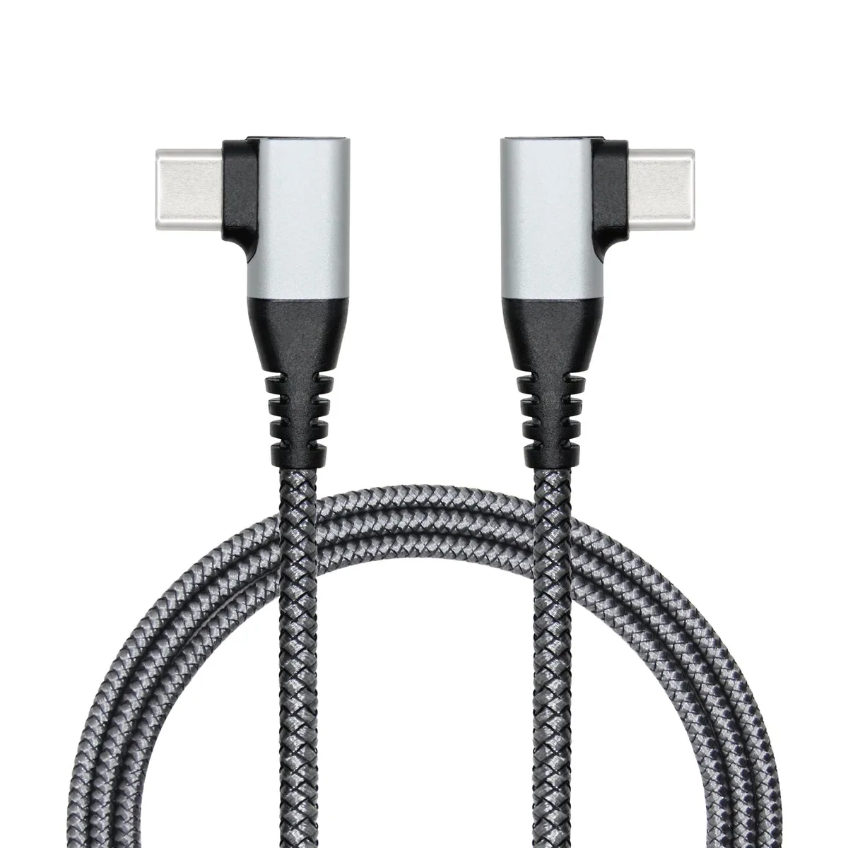 Gray USB-C to USB-C cable with 90-degree angled connectors, nylon braided finish, 1 metre long