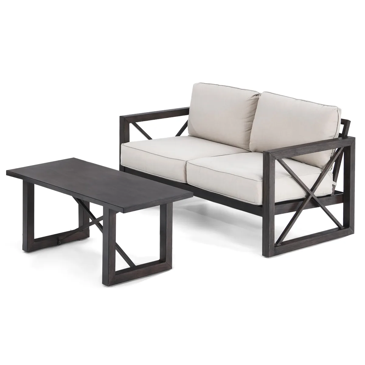 Two-piece beige outdoor loveseat and coffee table set with thick cushions and steel frames