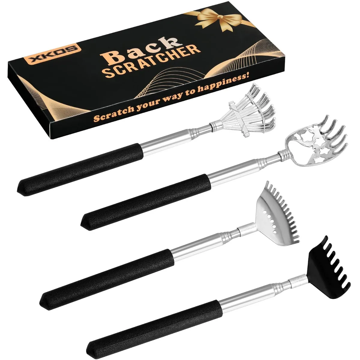 Four black telescoping back scratchers with rubber grips and metal claws, shown extended to 26.7 inches