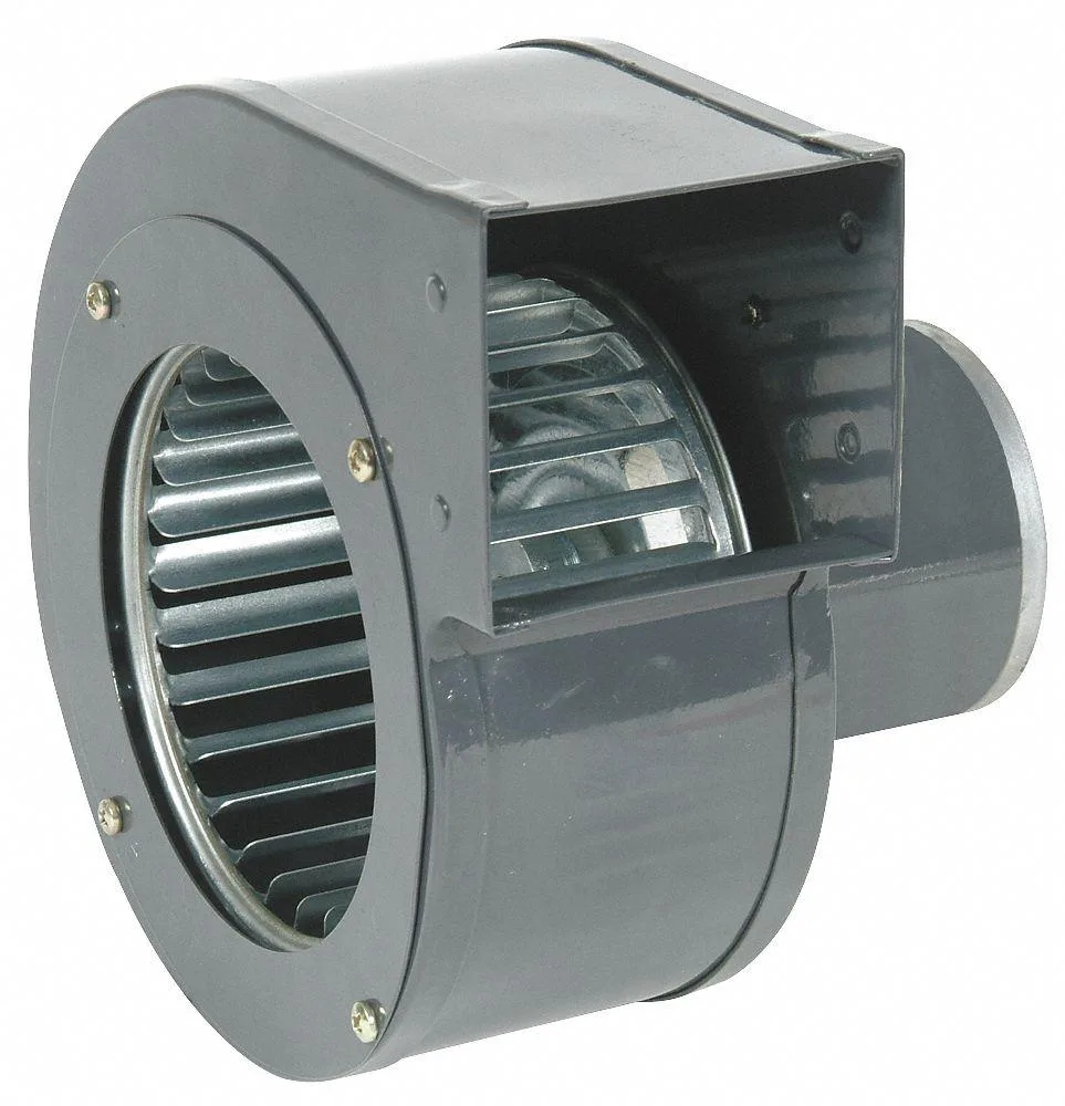 Rectangular steel blower housing with forward-curved wheel assembly