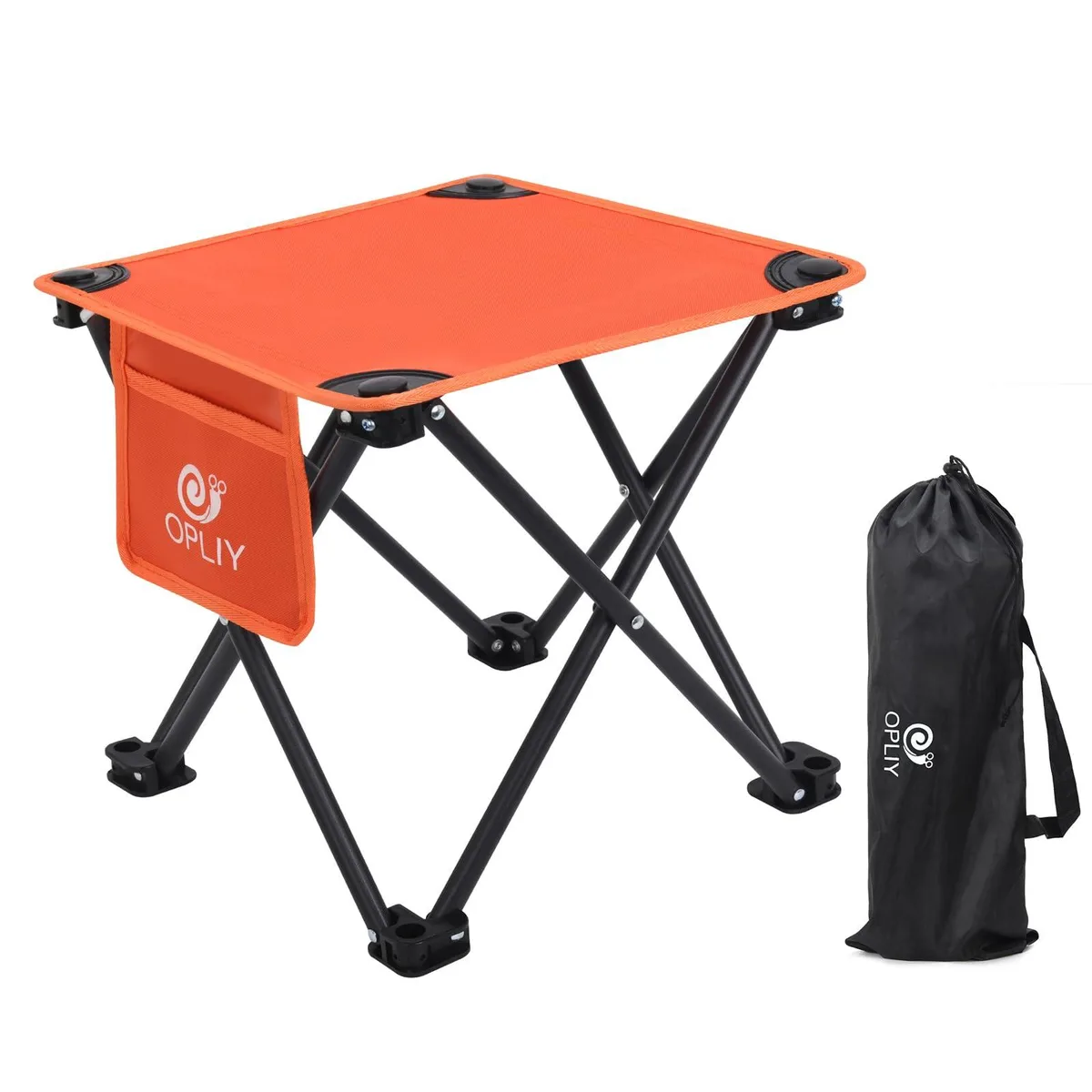 Orange folding camp stool with steel frame and fabric seat, side pocket visible