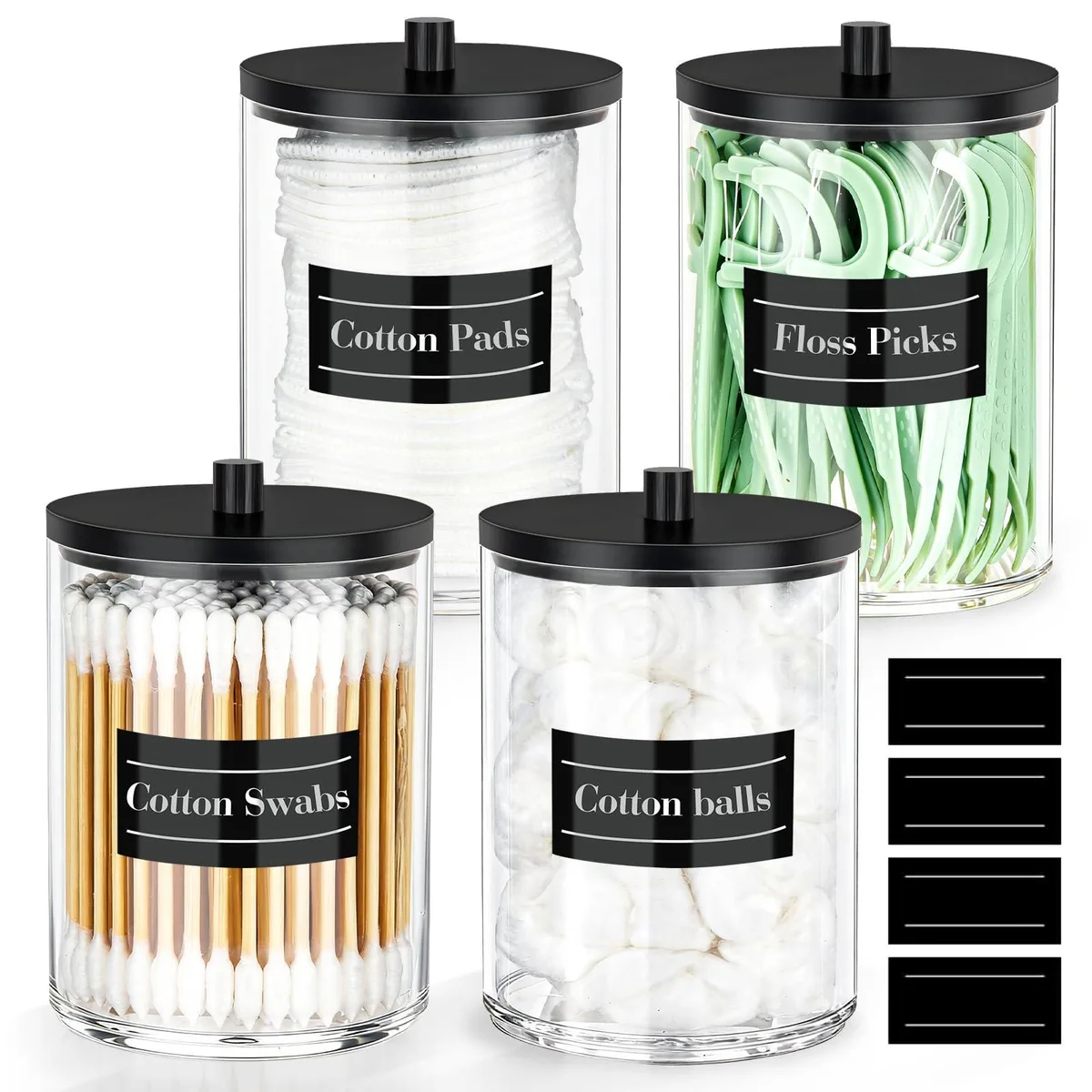 Four clear acrylic jars with lids, polished chrome finish, 10 oz each