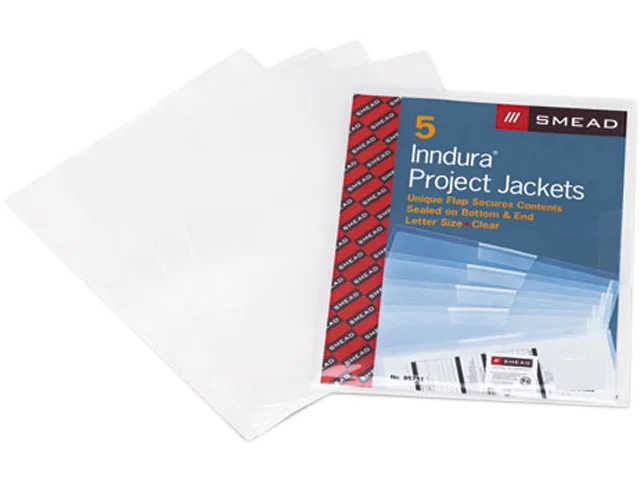 Five clear translucent polypropylene project jackets with tuck flaps