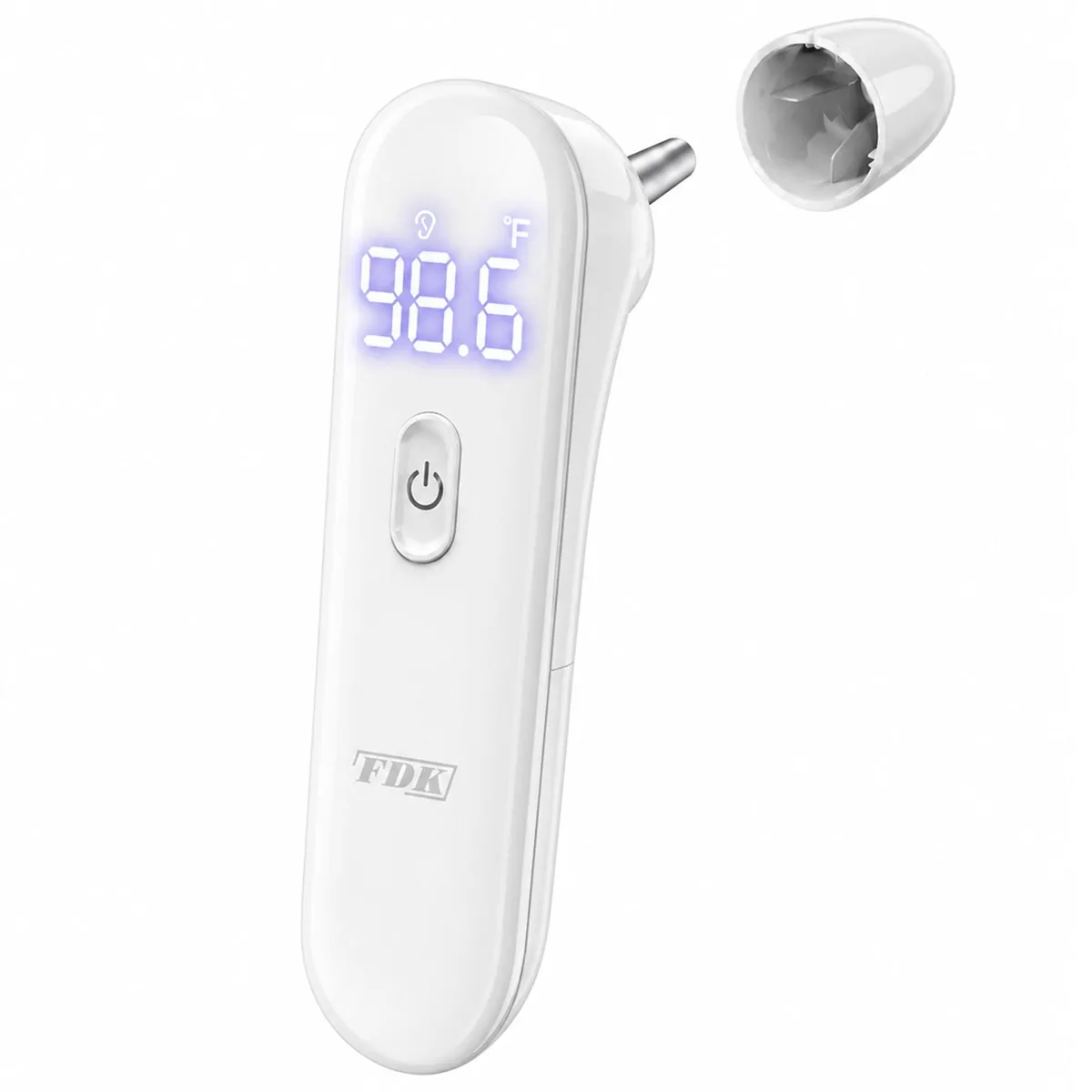 White dual-mode ear and forehead thermometer with LED display and protective cap