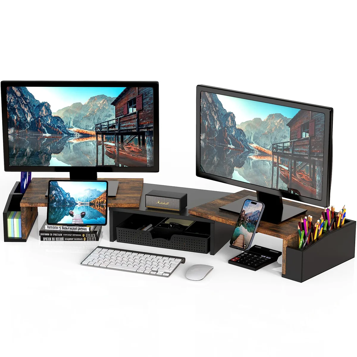 Rustic brown wooden dual monitor stand with drawer and side caddies, leather finish, compact or extended layout