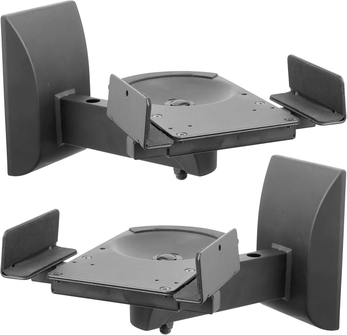Pair of black steel speaker wall brackets with side clamps and padded bases